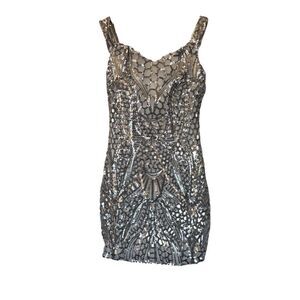 Hot Miami Styles  Women's Silver Off-Shoulder Rhinestone Party Dress S